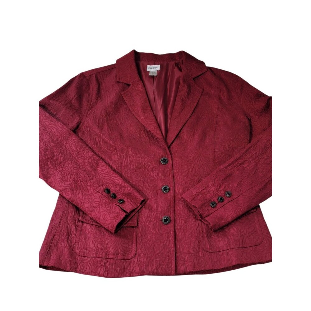 Chico’s Women’s Burgundy Red Jacquard‎ Button Front Blazer Jacket Size 1 (M)